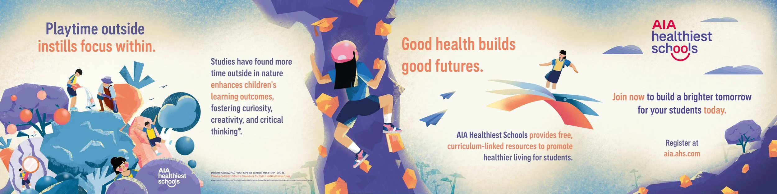 A colorful infographic promoting AIA healthiest schools, emphasizing outdoor play for children's focus, curiosity, and critical thinking. Features children climbing, playing outside, and reading, with trees, rocks, and abstract nature elements.