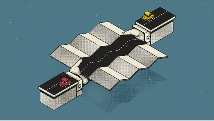 Illustration of a street connecting two towns, with a bridge over a river, two cars on the street, and satellite dishes on the sides of the bridge.