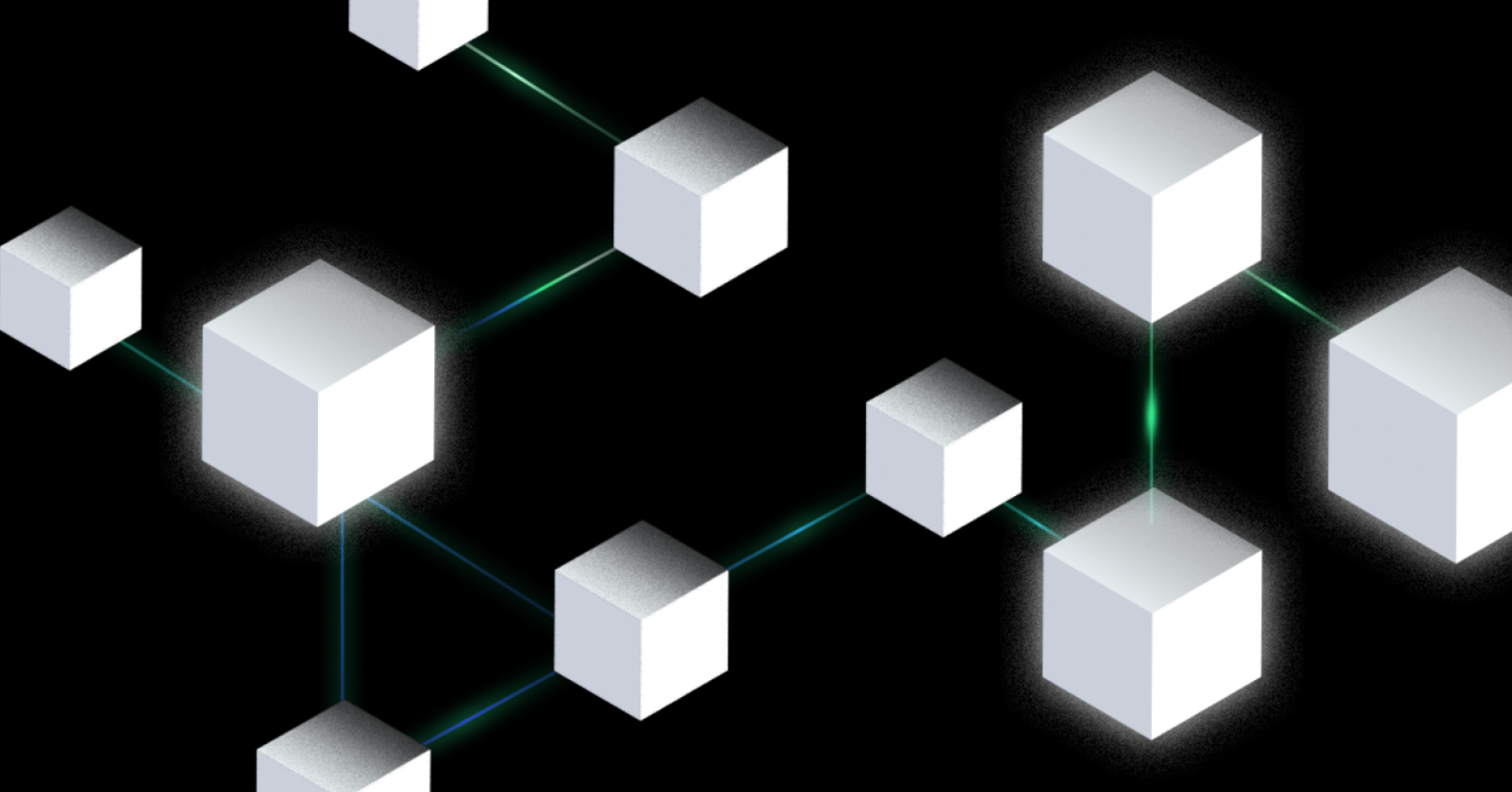 Digital illustration of interconnected white cubes with glowing green and blue lines connecting them, set against a black background.
