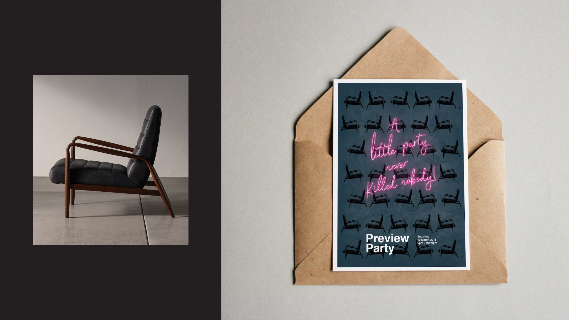 A promotional flyer for a party with the text 'A little party never killed nobody!' in neon pink, featuring a background pattern of black chairs, and details about a preview party event scheduled for Saturday, March 10, 2018, from 5 pm to midnight, placed on top of a brown envelope on a white surface.