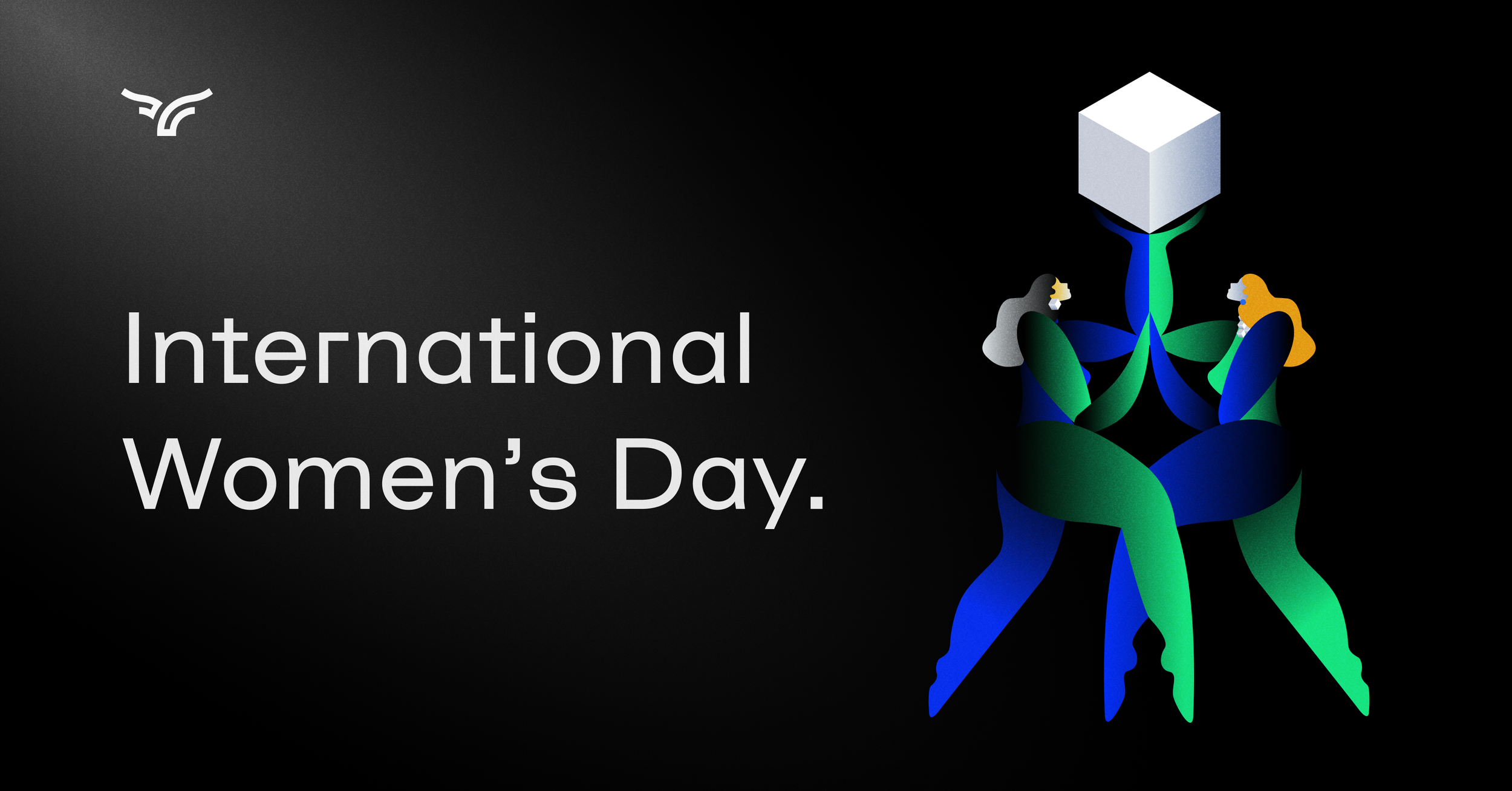 Graphic design celebrating International Women's Day, featuring an abstract illustration of two women with colorful intertwined limbs holding up a white cube against a black background, with white text reading 'International Women's Day'.