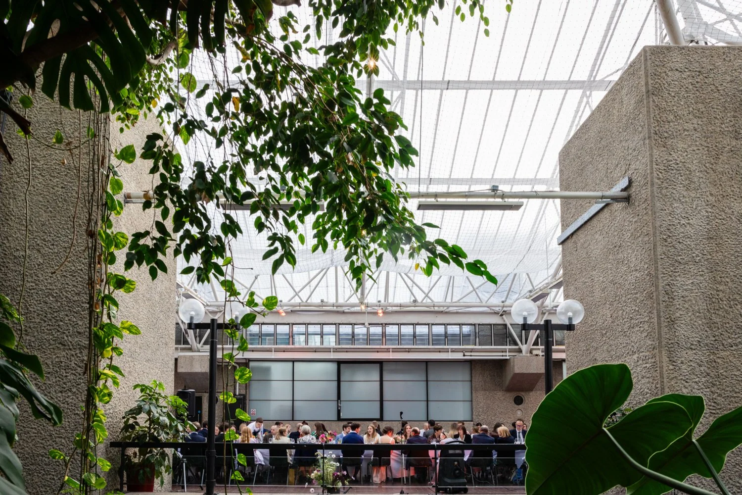 Distant view of Barbican conservatory and the wedding breakfast.