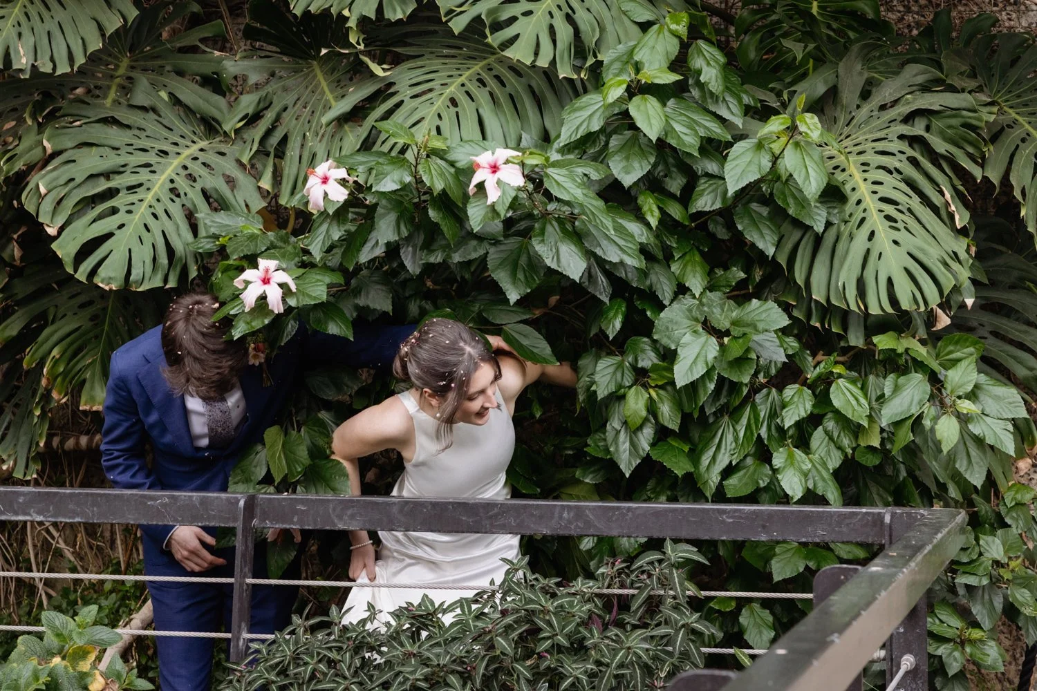 Bride and Groom navigating the foliage in the Barbican to exit from the terrace.