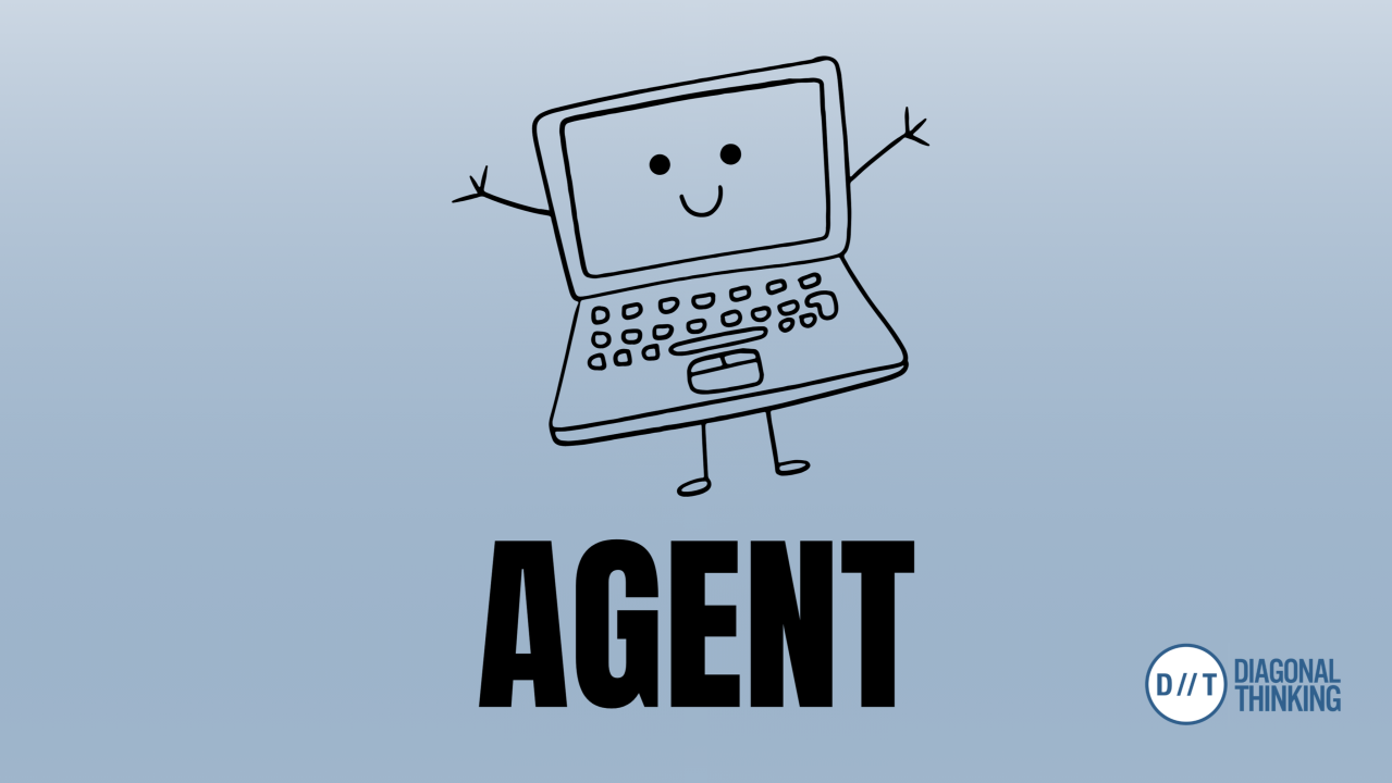 Image accompanying article on ChatGPT Agent, showing a line drawing of a laptop, alongside the word 'Agent' and the Diagonal Thinking logo