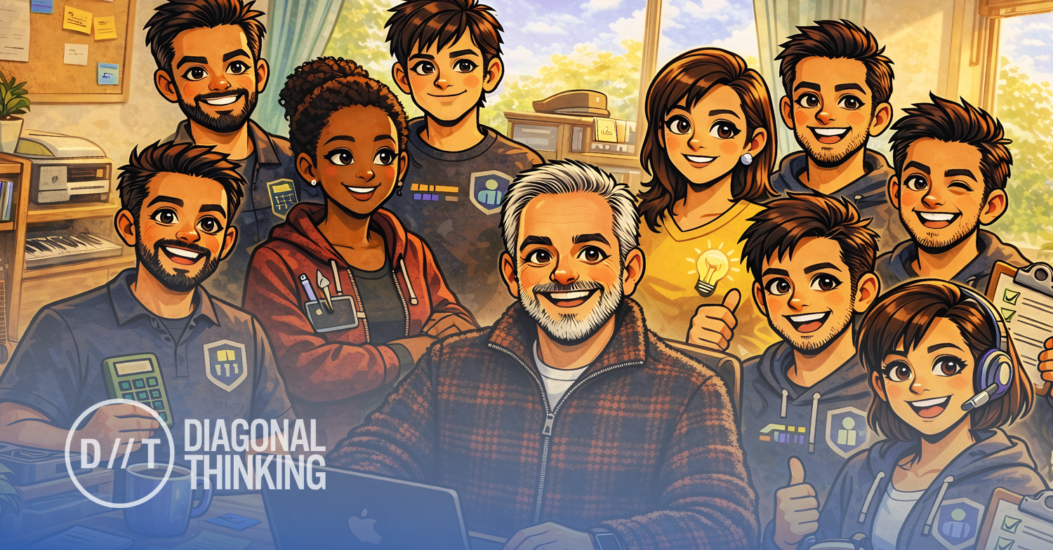 Cartoon illustration of AI trainer Phil Birchenall from Diagonal Thinking at his desk with a team of AI agents around him in a home office, representing finance, marketing, sales, design, code, operations, data, validation and security.