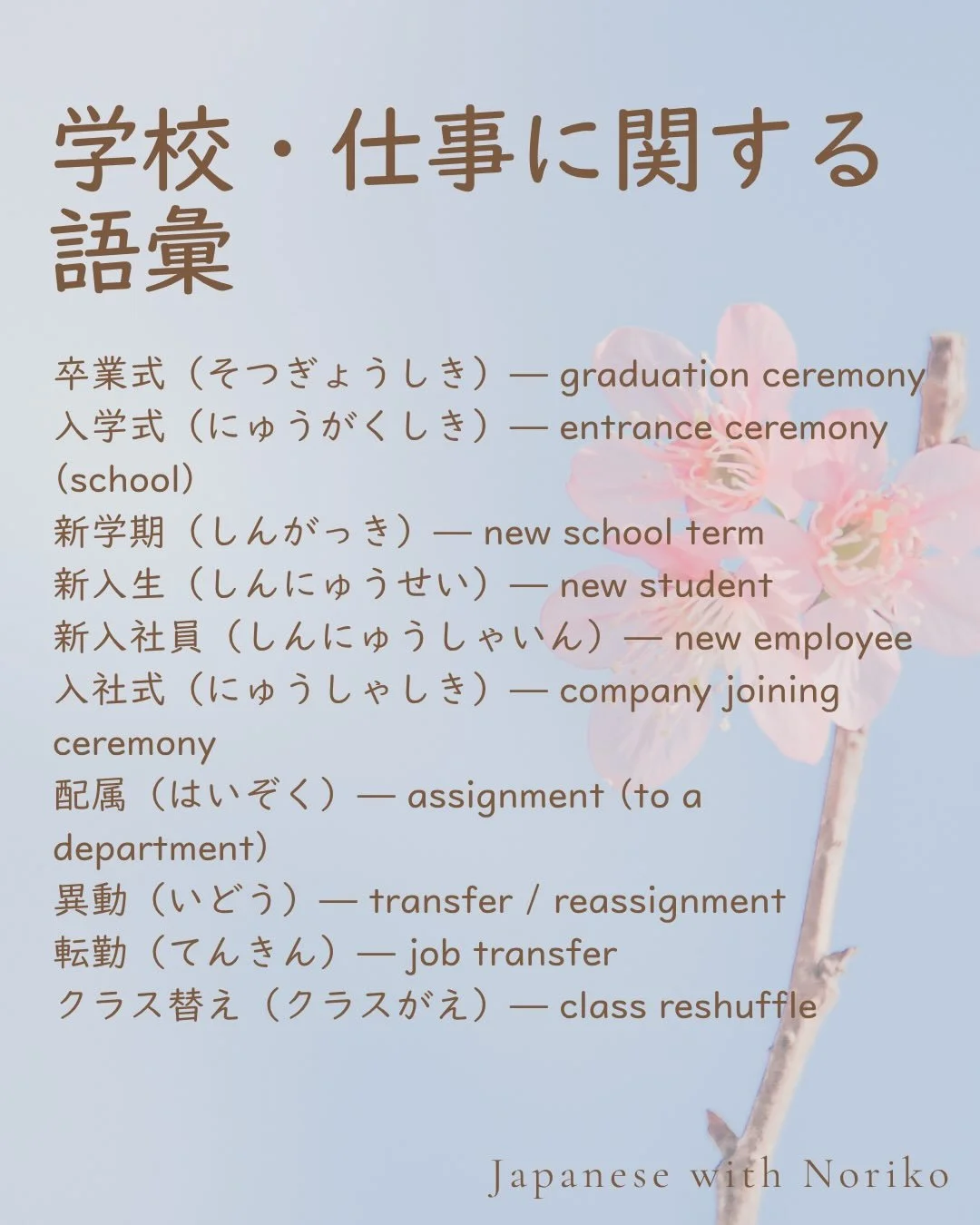 Spring in Japan brings more than cherry blossoms &mdash; it brings a whole new vocabulary. 🌸

April marks the start of a new chapter in Japan: 入学式 (entrance ceremony), 入社式 (company joining ceremony), and the mix of 期待 (hope) and 緊張 (nervousness) tha