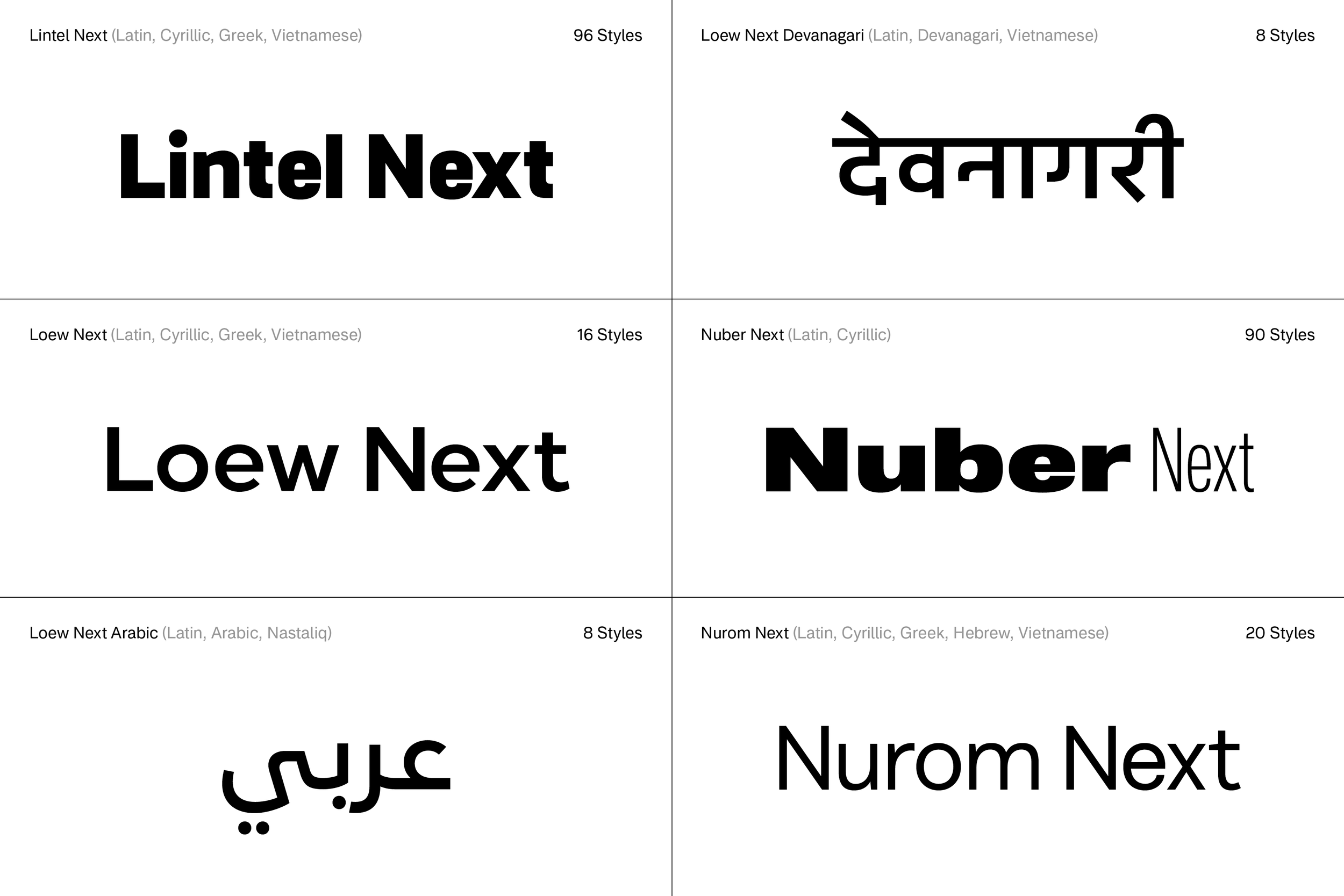The Next Series by The Northern Block, includes Lintel Next, Loew Next, Loew Next Arabic, Loew Next Devanagari, Nuber Next, and Nurom Next.