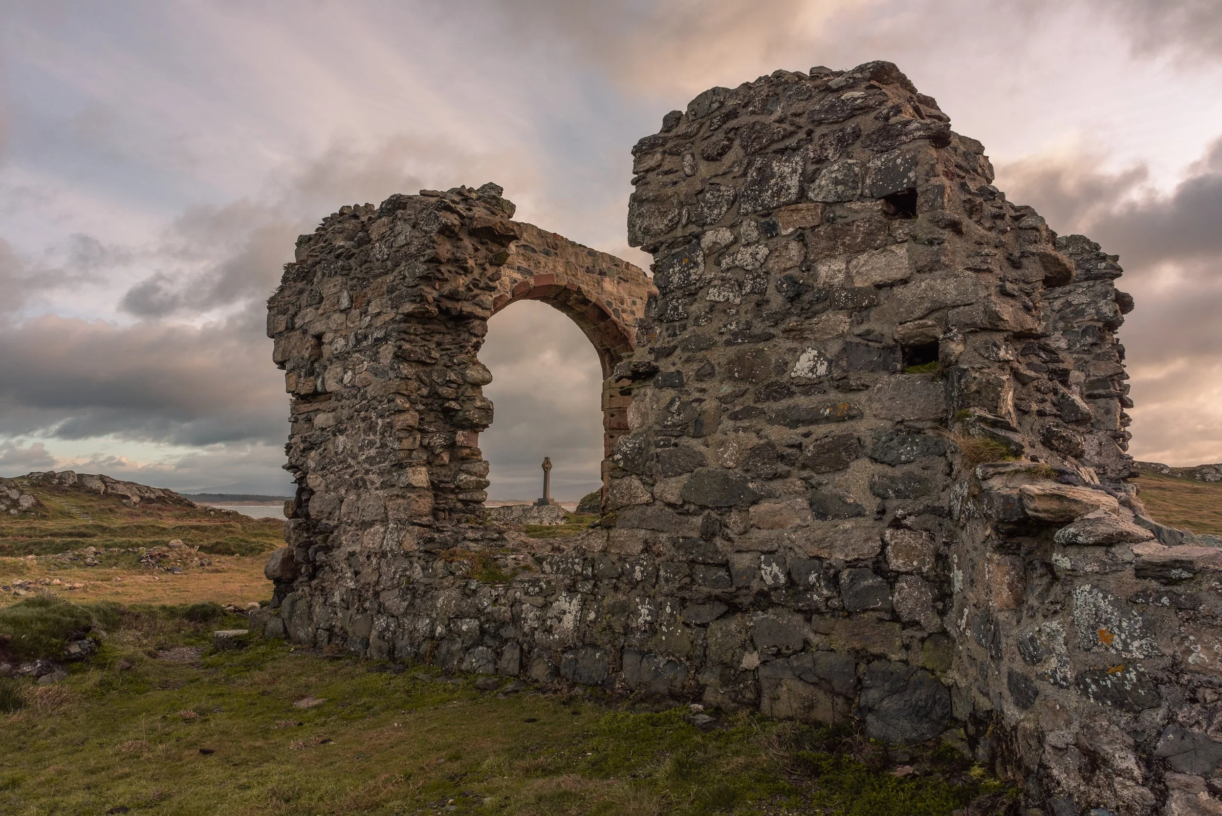 Ynys Llanddwyn chapel and Celtic cross.