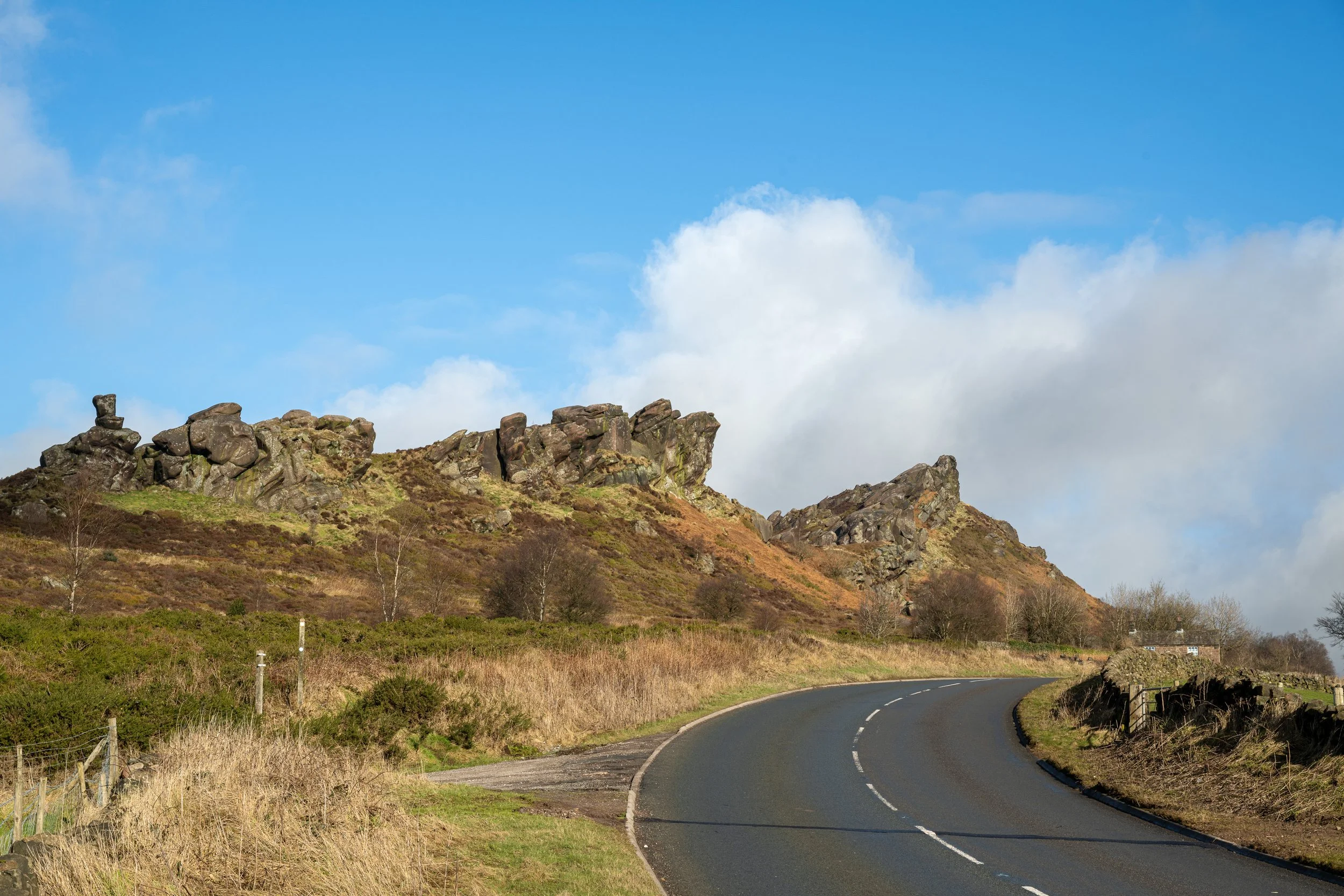 A roadside view of Ramshaw Rocks in the Staffordshire Peak District.