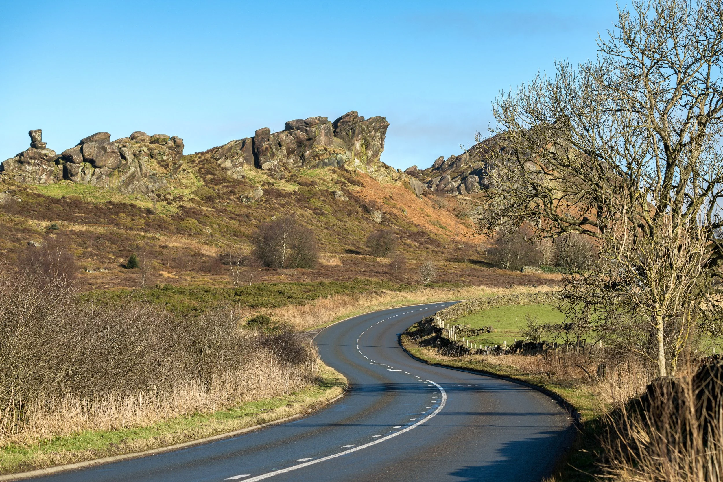 A roadside view of Ramshaw Rocks in the Staffordshire Peak District.