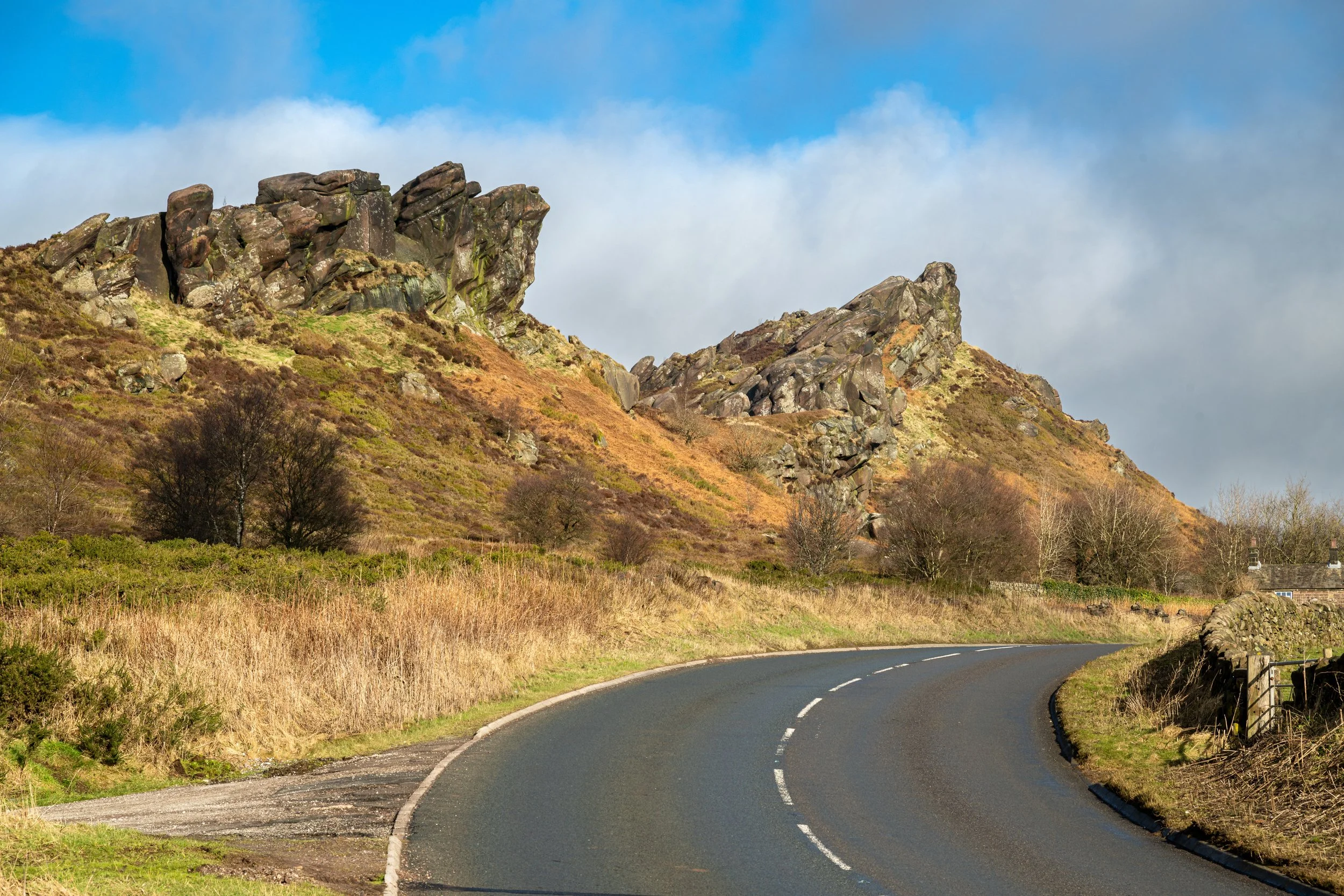 A roadside view of Ramshaw Rocks in the Staffordshire Peak District.