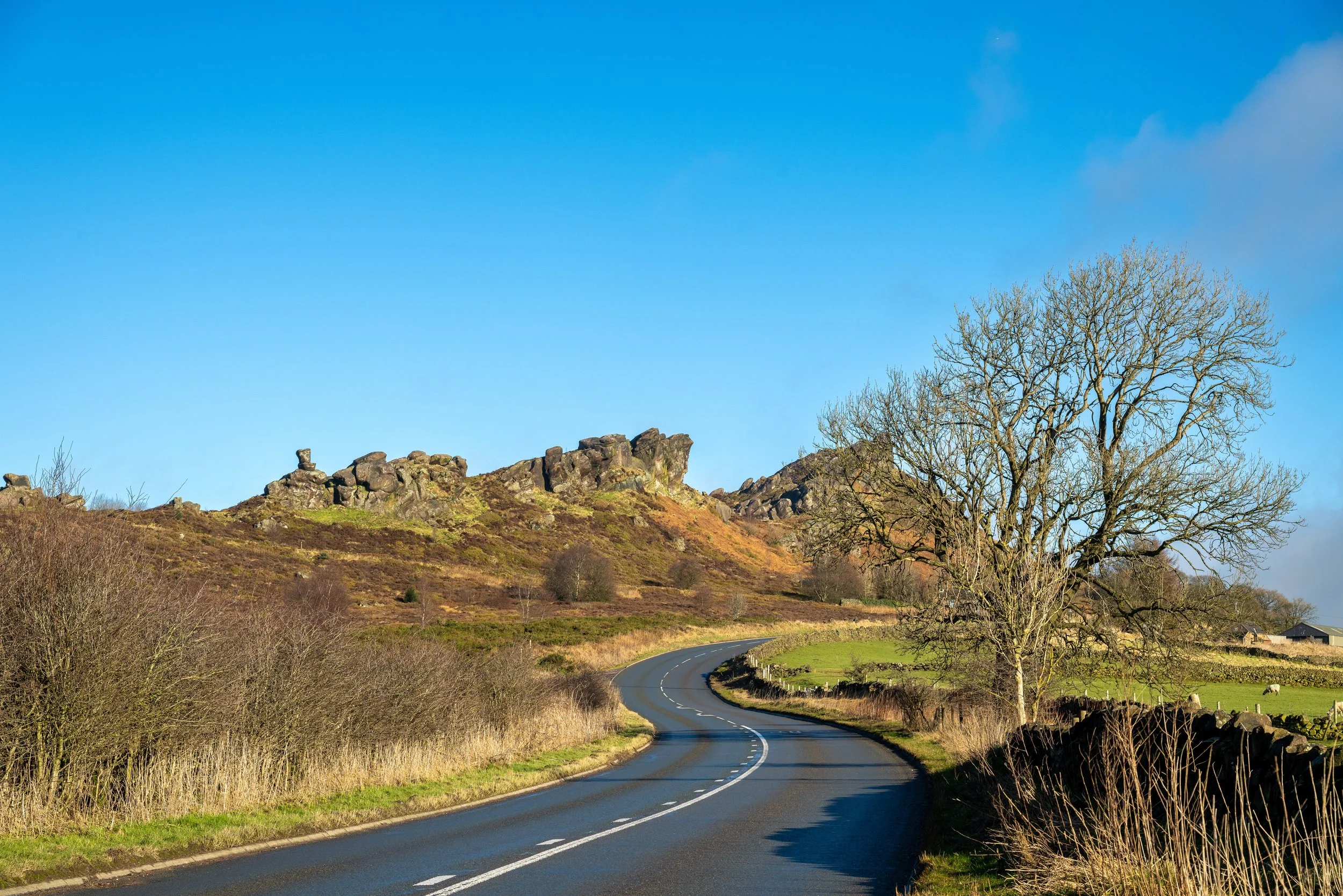 A roadside view of Ramshaw Rocks in the Staffordshire Peak District.