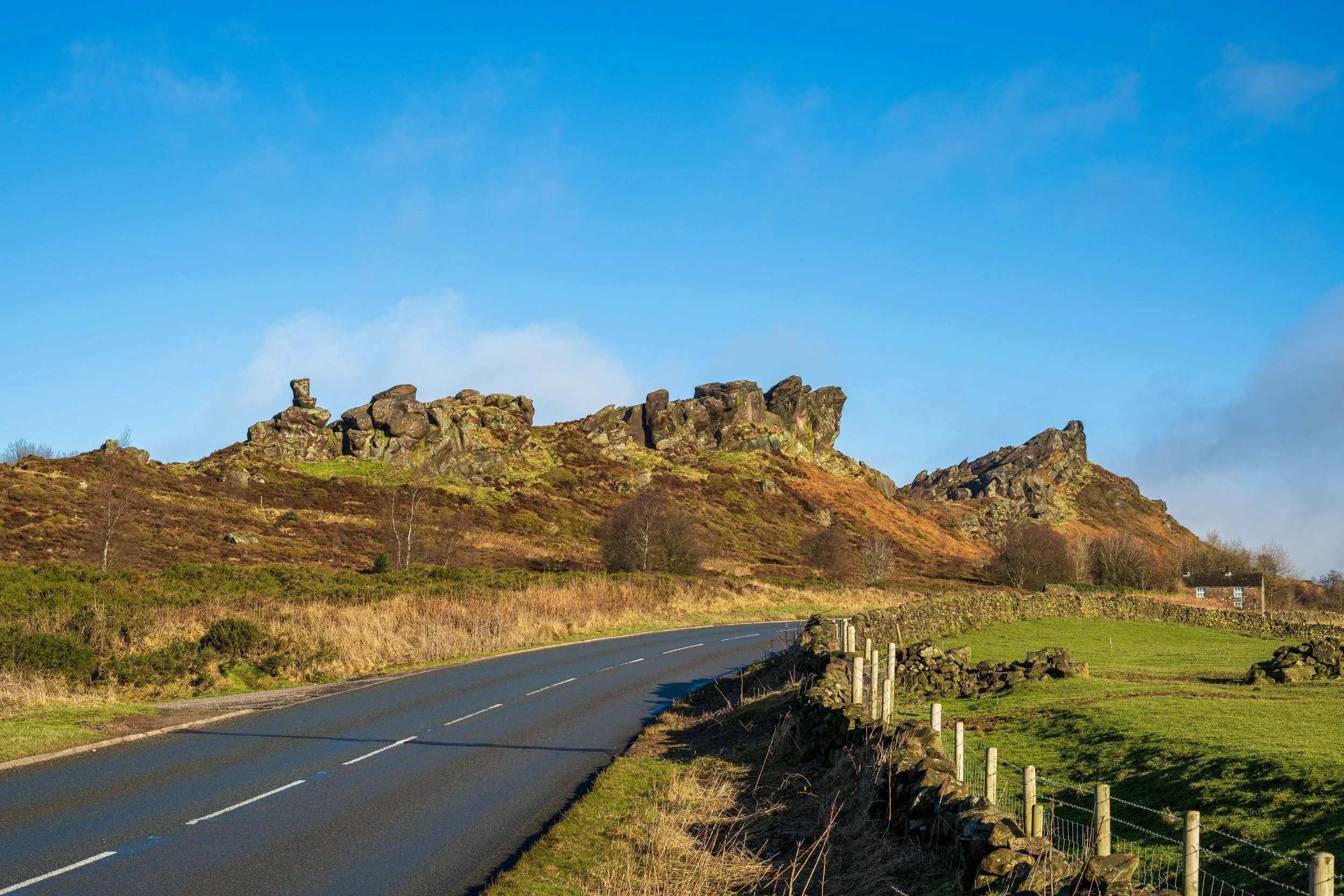 A roadside view of Ramshaw Rocks in the Staffordshire Peak District.