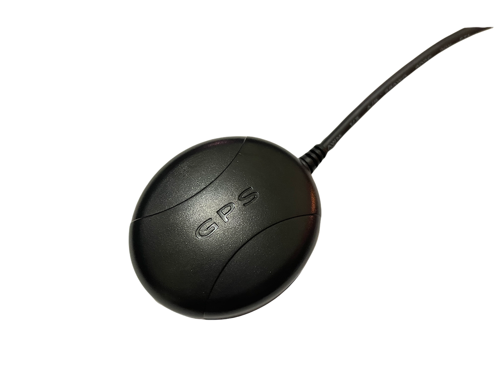 GPS device with black casing and a wire extending from it.