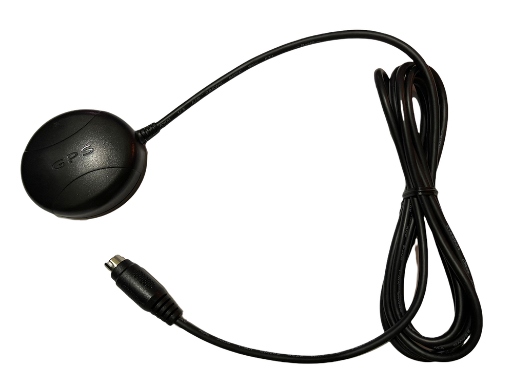 A black GPS antenna with a coiled cable.