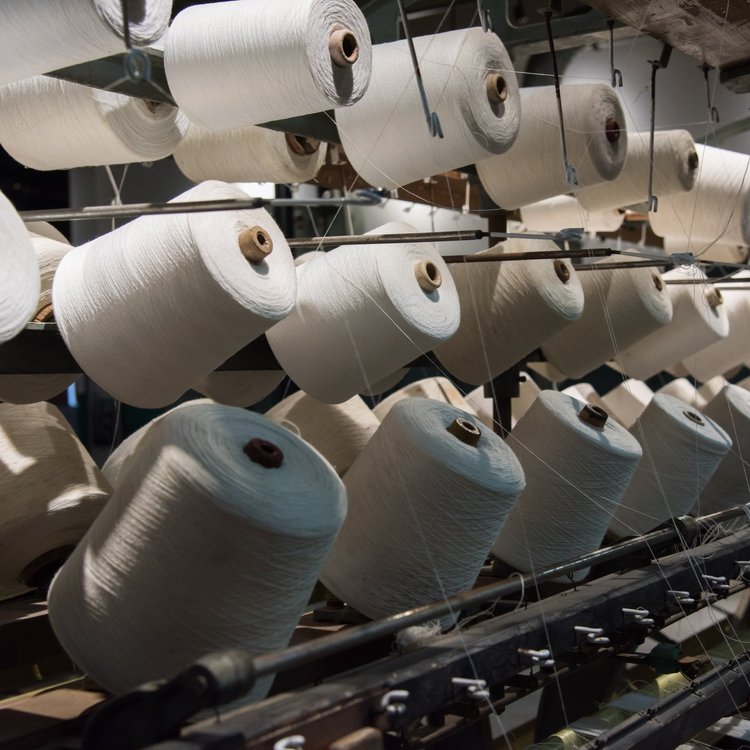 Cones of white cotton yarn on spinning machinery