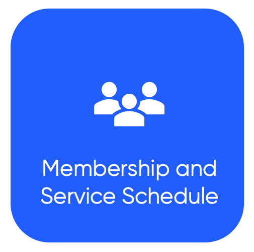 Blue square icon with rounded corners, featuring a white group of three people silhouette above the text 'Membership and Service Schedule' in white.