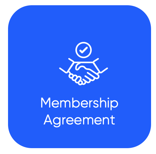 Blue square icon with a handshake and checkmark, and the text 'Membership Agreement'.