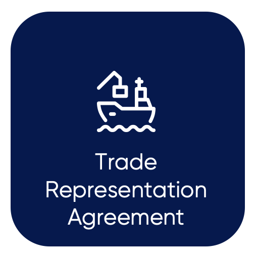 Icon of a docked ship with a building and a lighthouse, and the text 'Trade Representation Agreement' on a dark blue background.