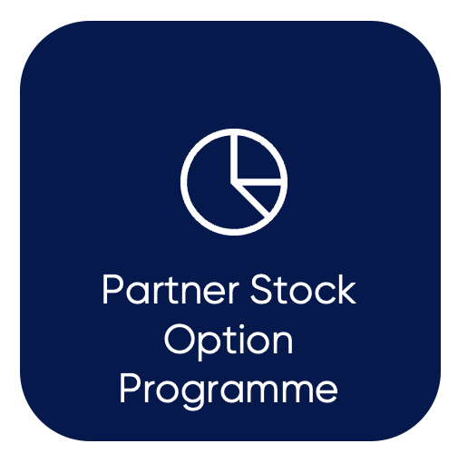 Graphic with a pie chart icon and the text 'Partner Stock Option Programme' on a dark blue background.