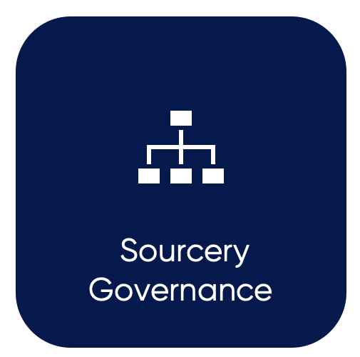 Icon representing organizational chart above the words "Sourcery Governance".