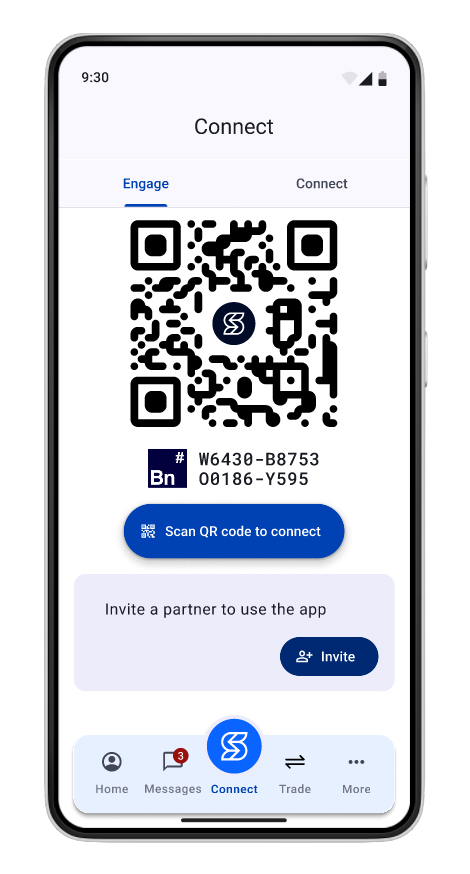 A smartphone screen showing a mobile app with a QR code, a connect button, and options to invite a partner, with navigation icons at the bottom labeled Home, Messages, Connect, Trade, and More.