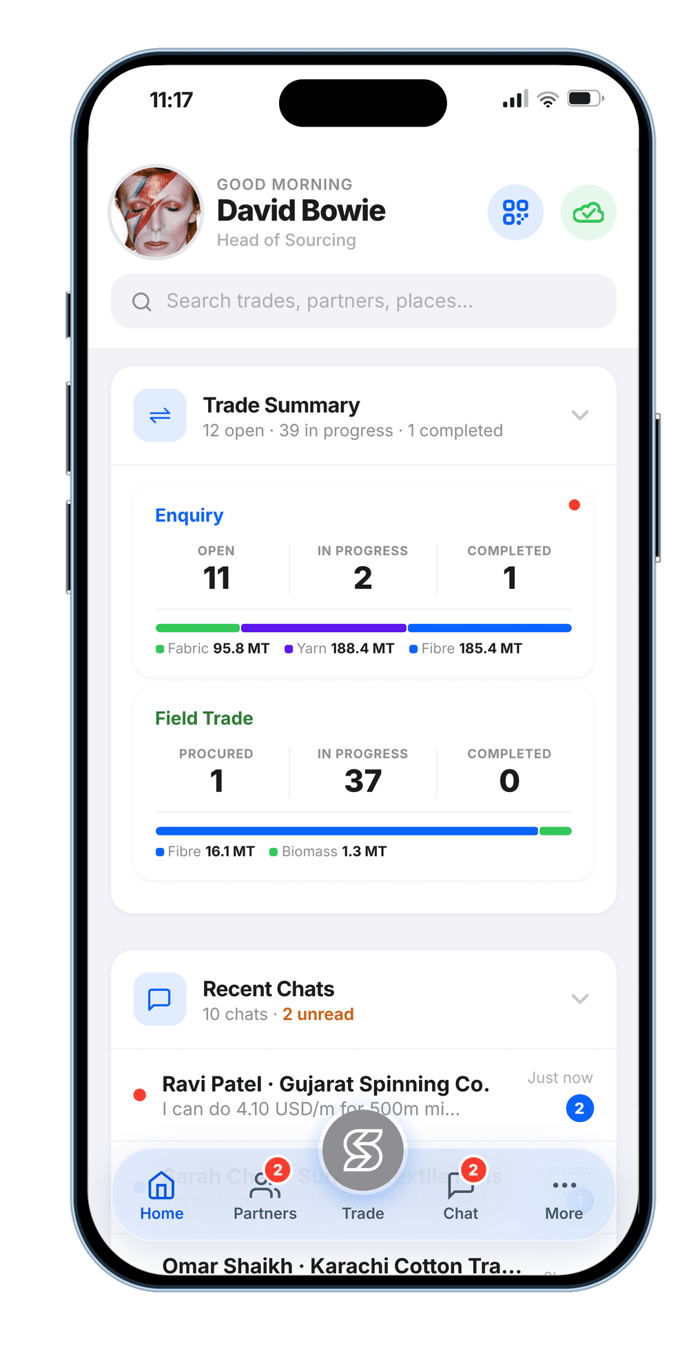 Connect 2.0 home screen on a phone, showing the trade summary and recent chats