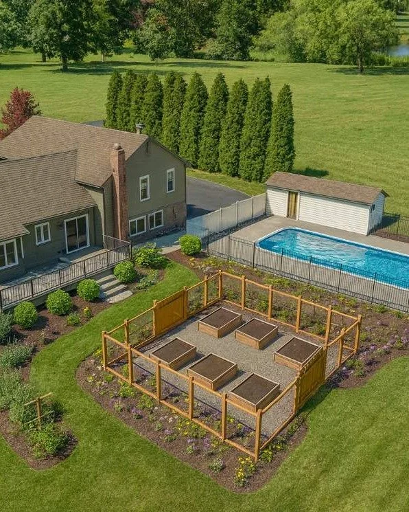 ✨ Your Backyard Oasis Awaits ✨
Imagine stepping outside to a space that nourishes you completely. Raised beds overflowing with food for your body. A pergola buzzing with pollinators and draped in green. A chicken coop or even a sauna adding rhythm,