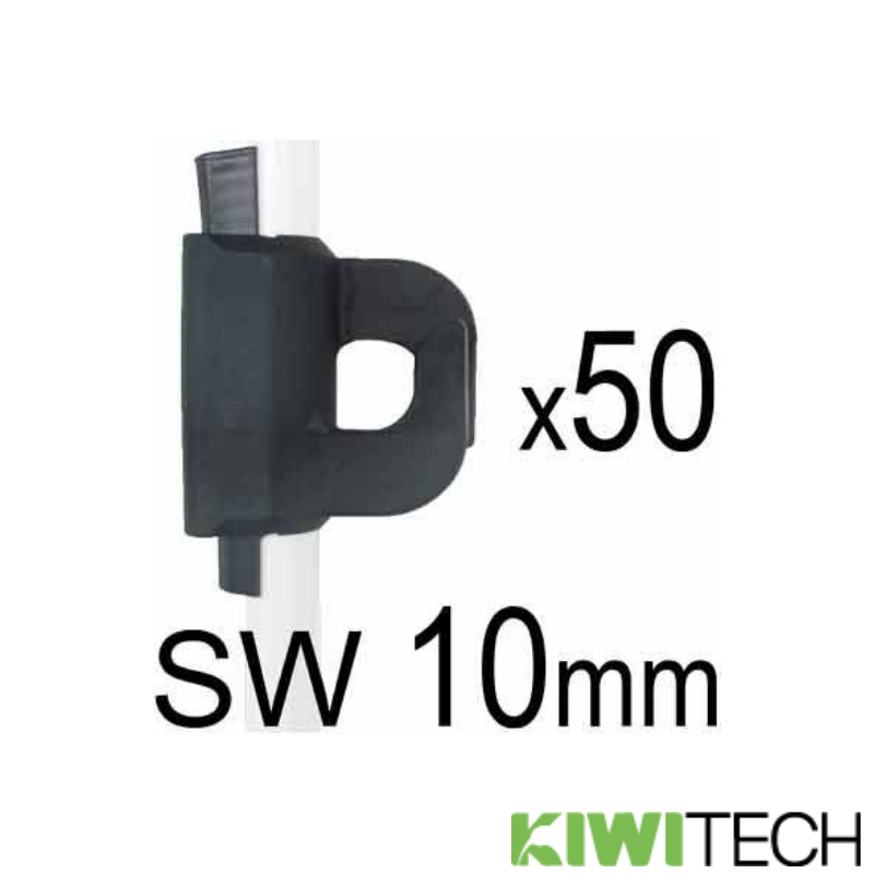A Kiwitech 10mm Nylon Insulator and wedge pack of 50 used for temporary electric fencing on a white background.
