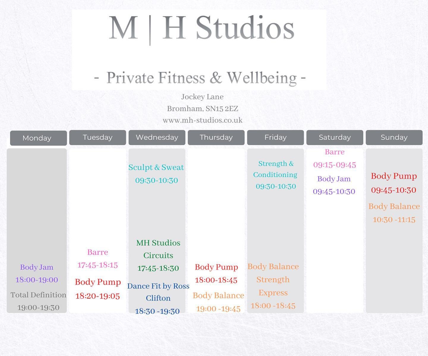 💥 BRAND NEW winter timetable with effect from 14th November! 💥

&bull; BRAND NEW Sunday classes!
&bull; Launch of NEW MH Studios Circuits!
&bull; BRAND NEW Friday classes!

To celebrate - FREE classes for the first week of the new timetable 🥳