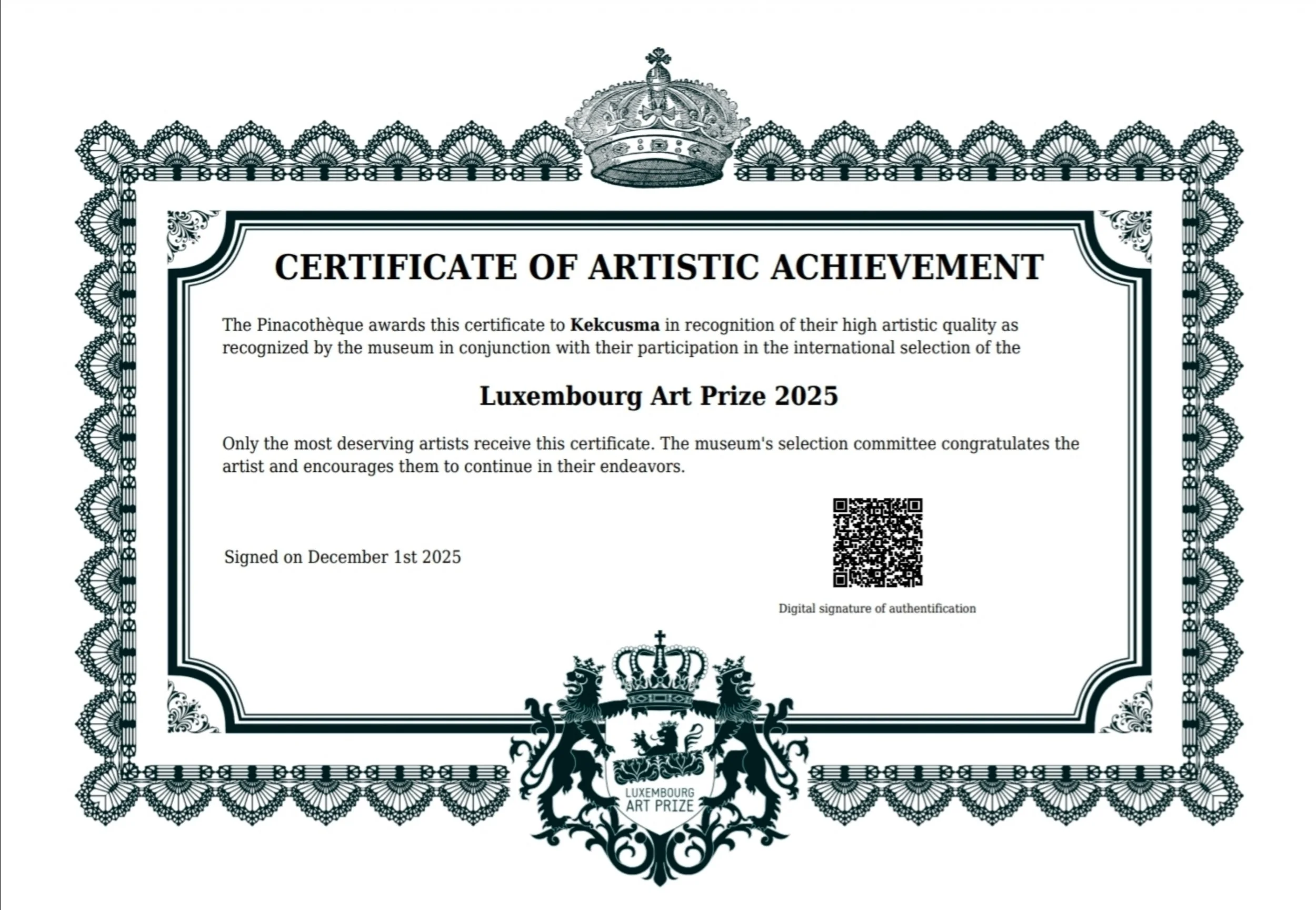 Luxembourg Art Prize 2025 Recognition Certificate of Artistic Achievement for only the Most Deserving Artists.