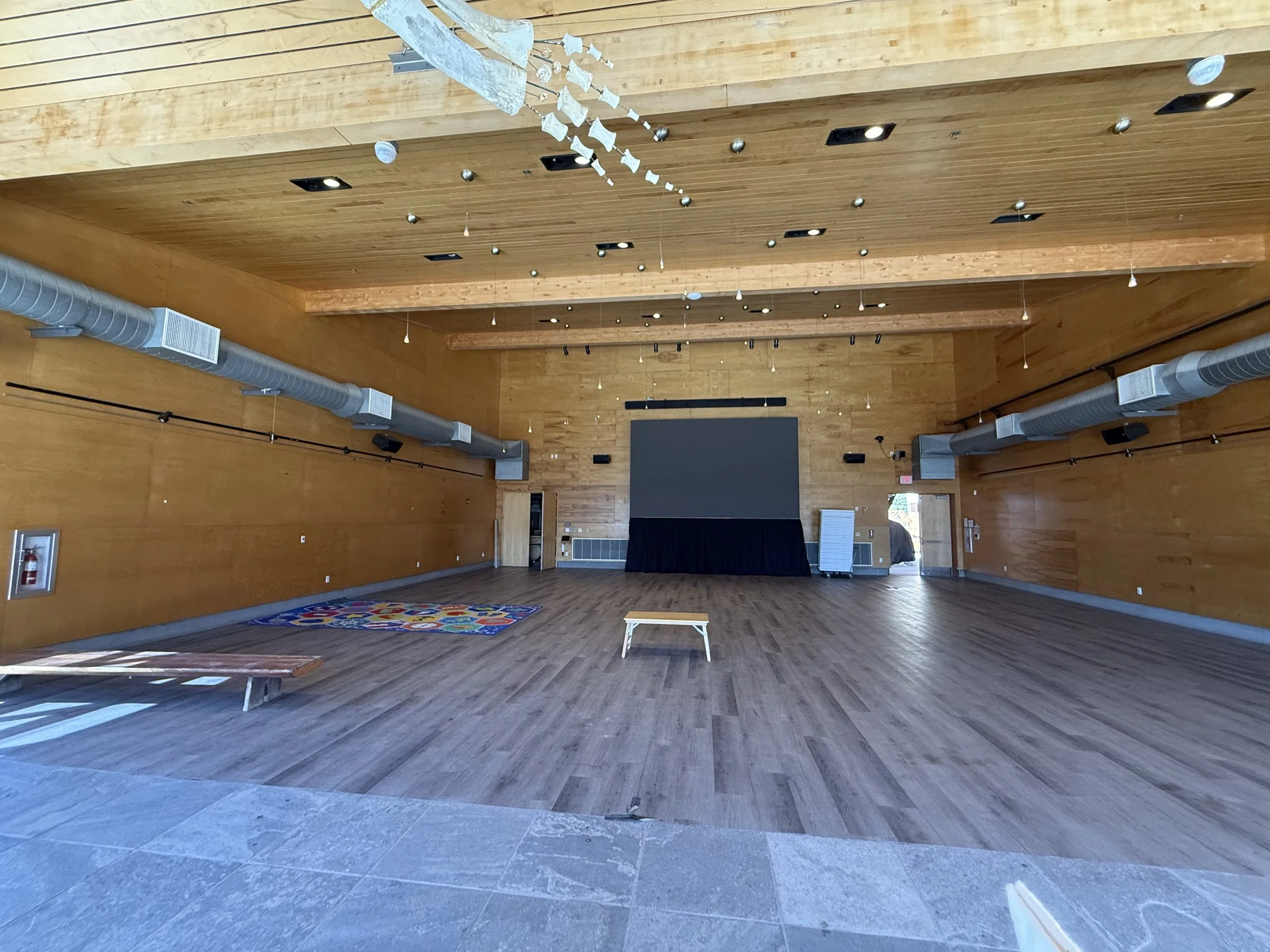 Empty event hall with wooden walls and ceiling, a large black screen on a stage at the back, benches and a colorful rug on the floor, and some scattered decorations hanging from the ceiling.