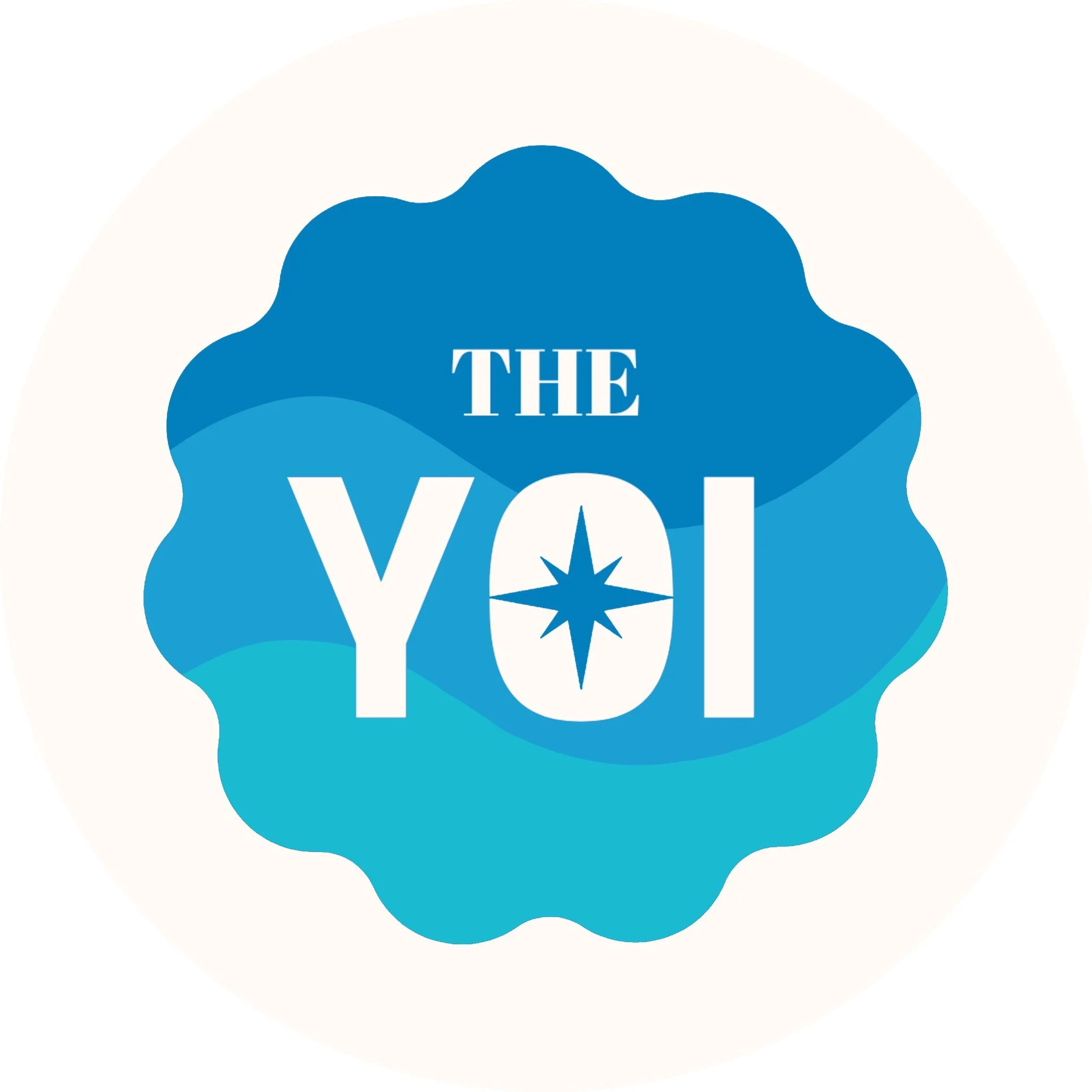 An abstract blue circular badge with the words "The YOU" and a starburst design in the center.
