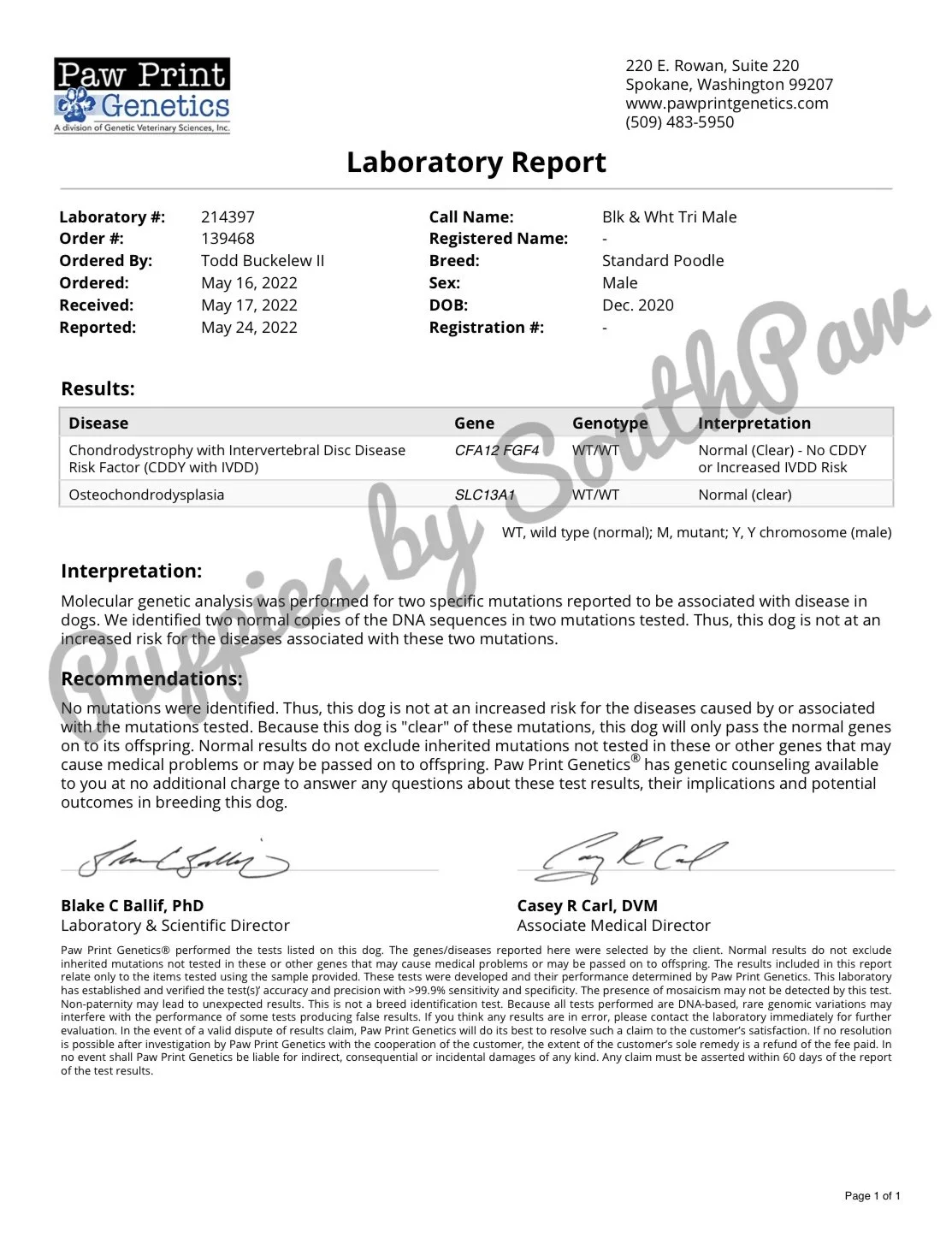 Genetic Health Results
