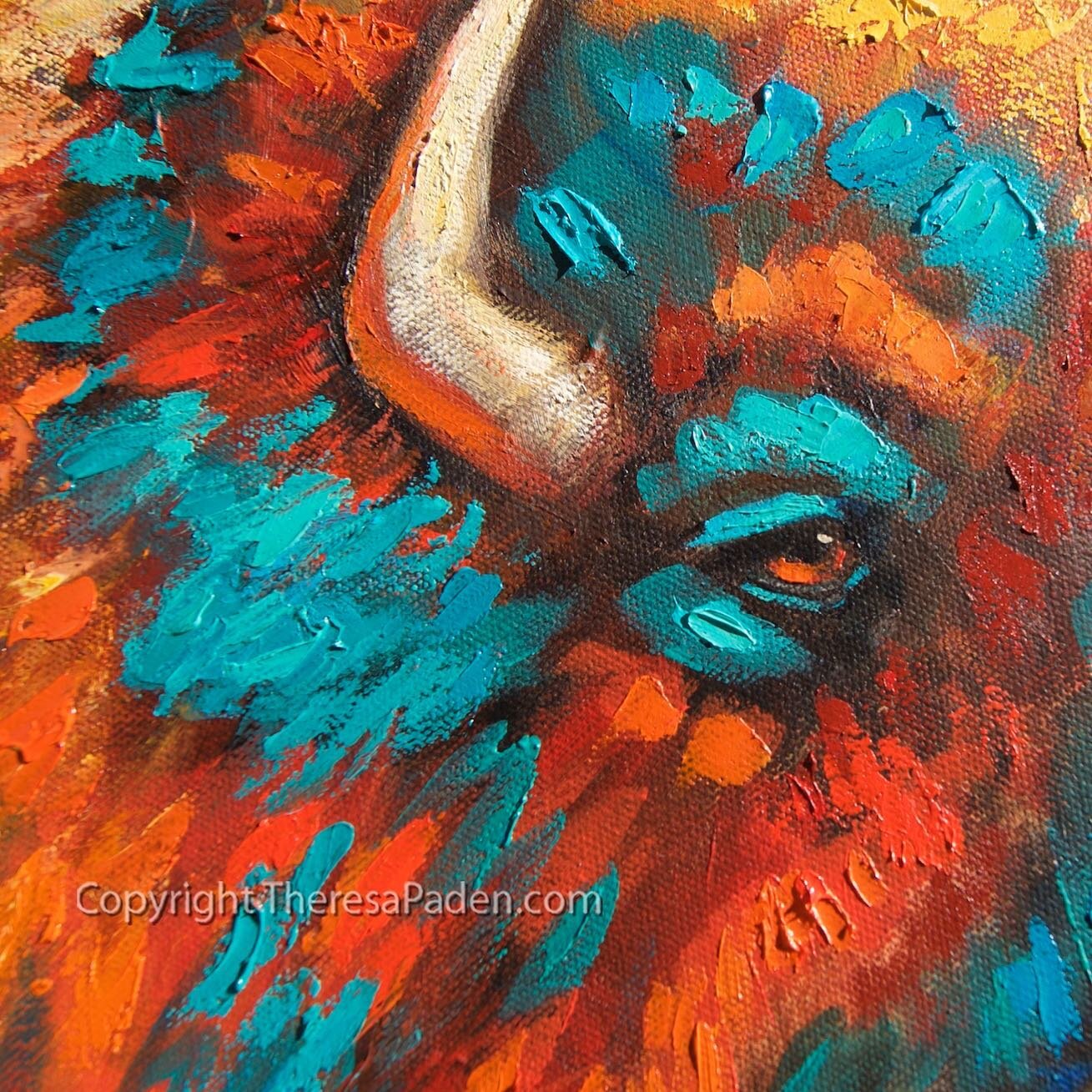 A closeup photo shows the thick oil paint and beautiful southwest colors in &ldquo;Head Honcho&rdquo;