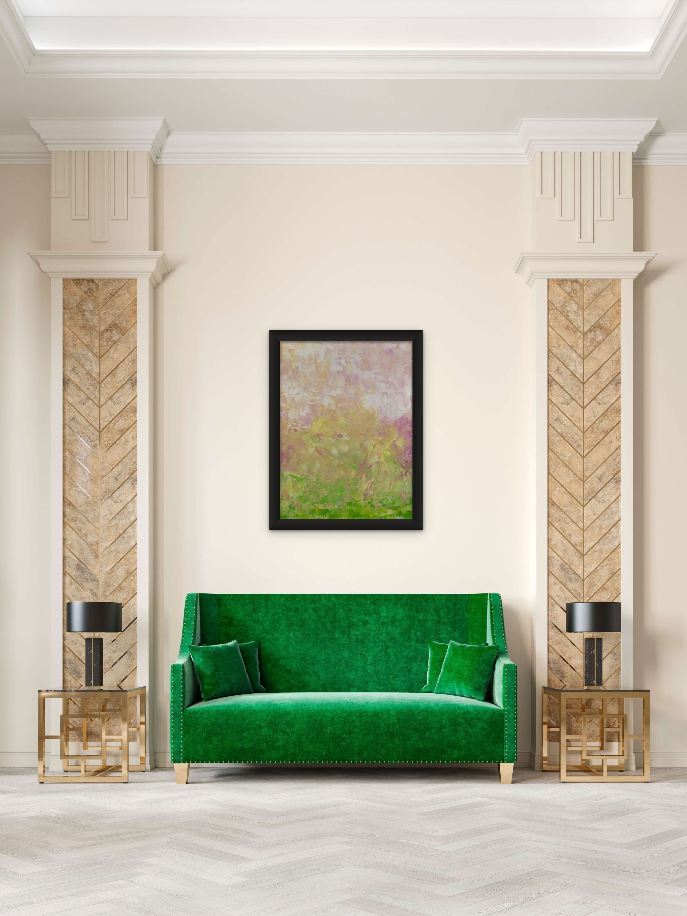 Colorful abstract painting over emerald green sofa
