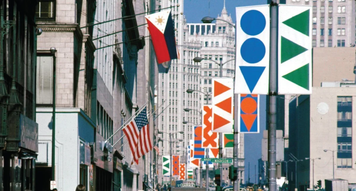 Picture looking north on Michigan Avenue. Taken in 1968. The Wrigley Building is in the background.
