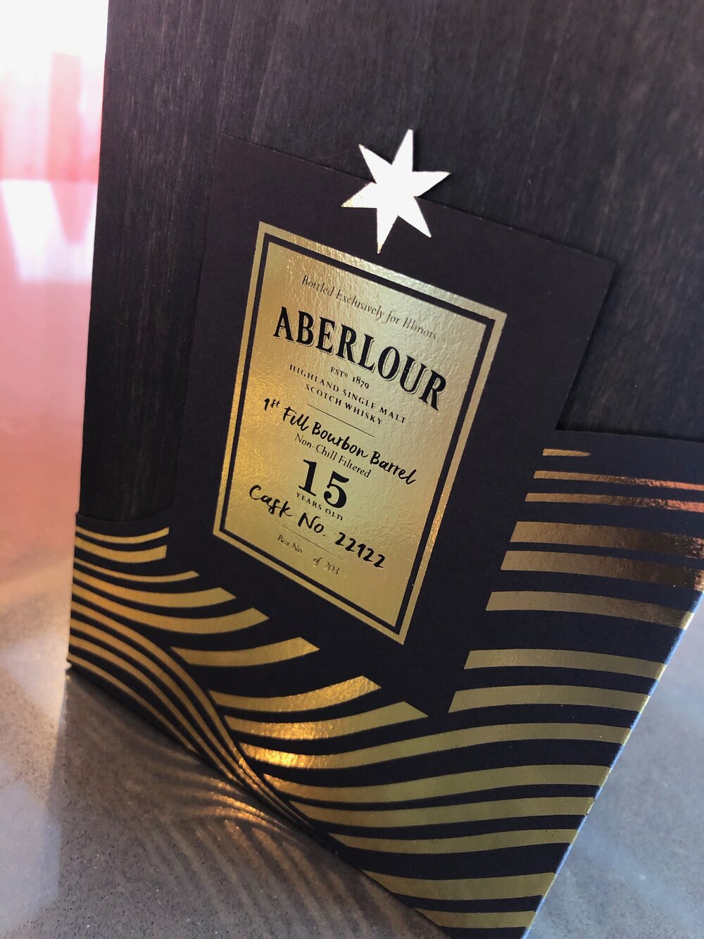  Detail of gold Aberlour label on black box.  