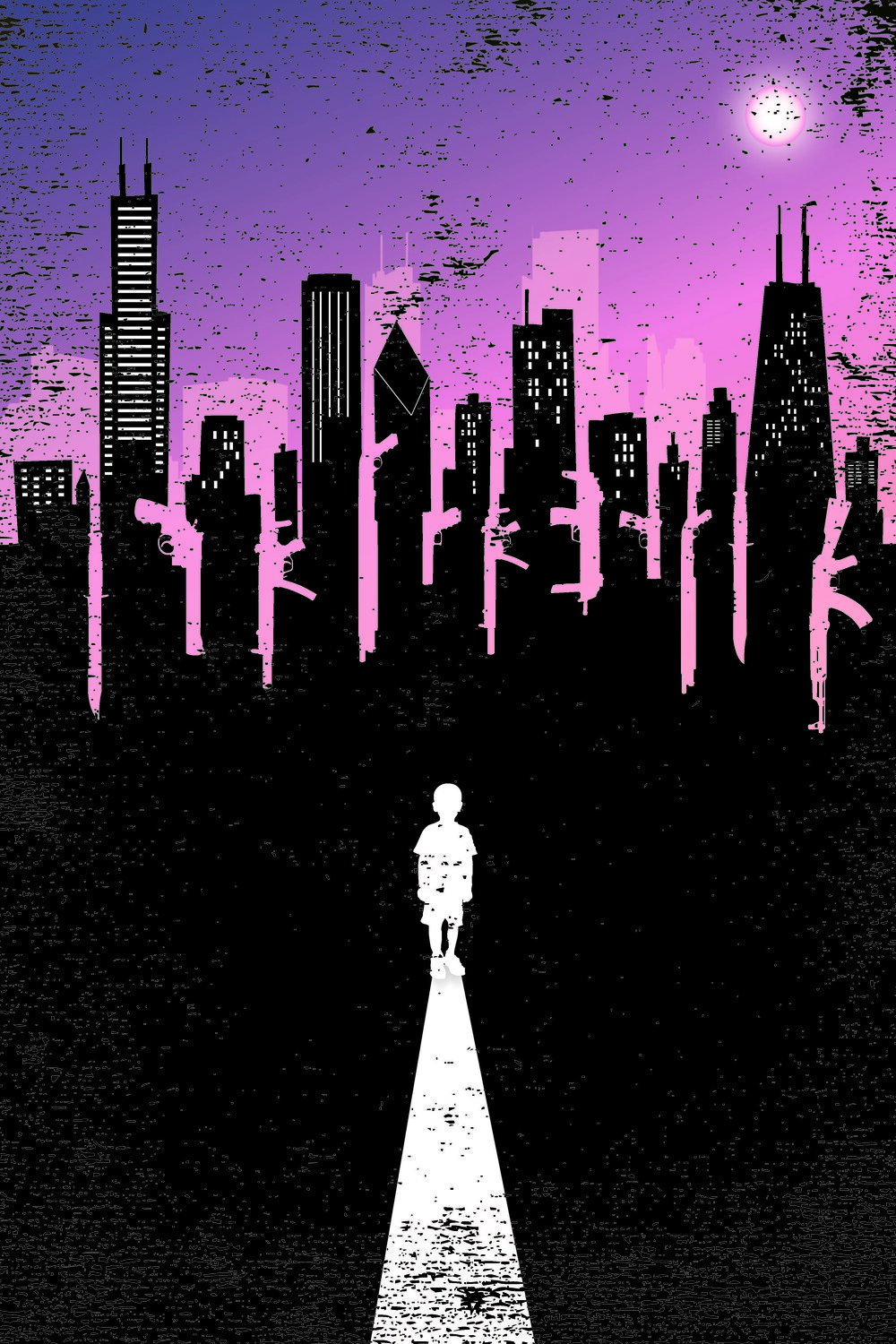  Person in white with long shadow walking towards Chicago skyline with sky in purples and blues. Designed by Ishmael Adams.  