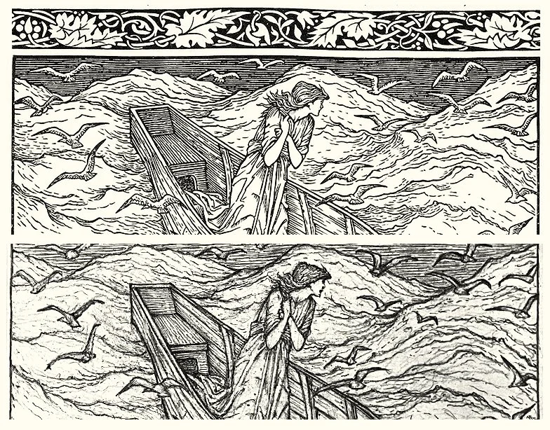 An engraving of a feminine figure in a boat on a stormy sea, from the Kelmscott Chaucer of 1896. Below is a similar image, in sketchier form, from an earlier step in the process.