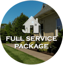 Full service package advertisement with a white house and a lawn under a blue sky.