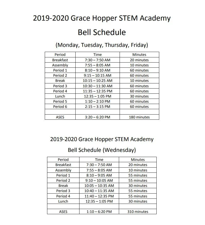 Bell Schedule — Grace Hopper STEM Academy