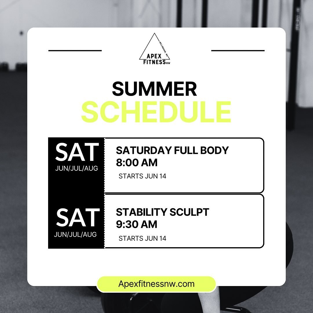 A couple changes are being made to our summer schedule starting June 14! 

Saturday full body circuit: 8:00am
Saturday Stability Sculpt: 9:30am 

our plan is to change these classes back to their normal times in fall unless we get a big demand to kee