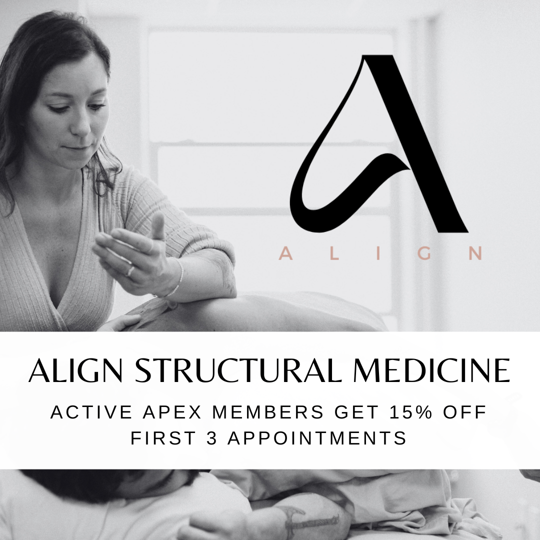 Woman performing massage therapy with Align Structural Medicine logo and promotional offer for APEX FITNESS NW members to get 15% off first 3 appointments.