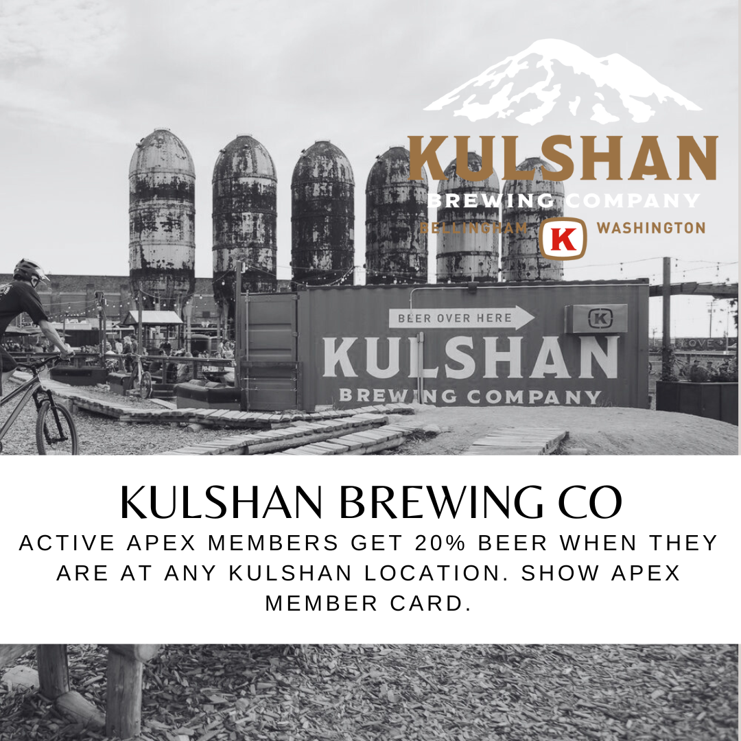 Black and white photo of Kulshan Brewing Co in Bellingham Washington with a discount for APEX FITNESS NW Members. Active members get 20% off of beer when they are at any Kulshan location. Show your apex member card.