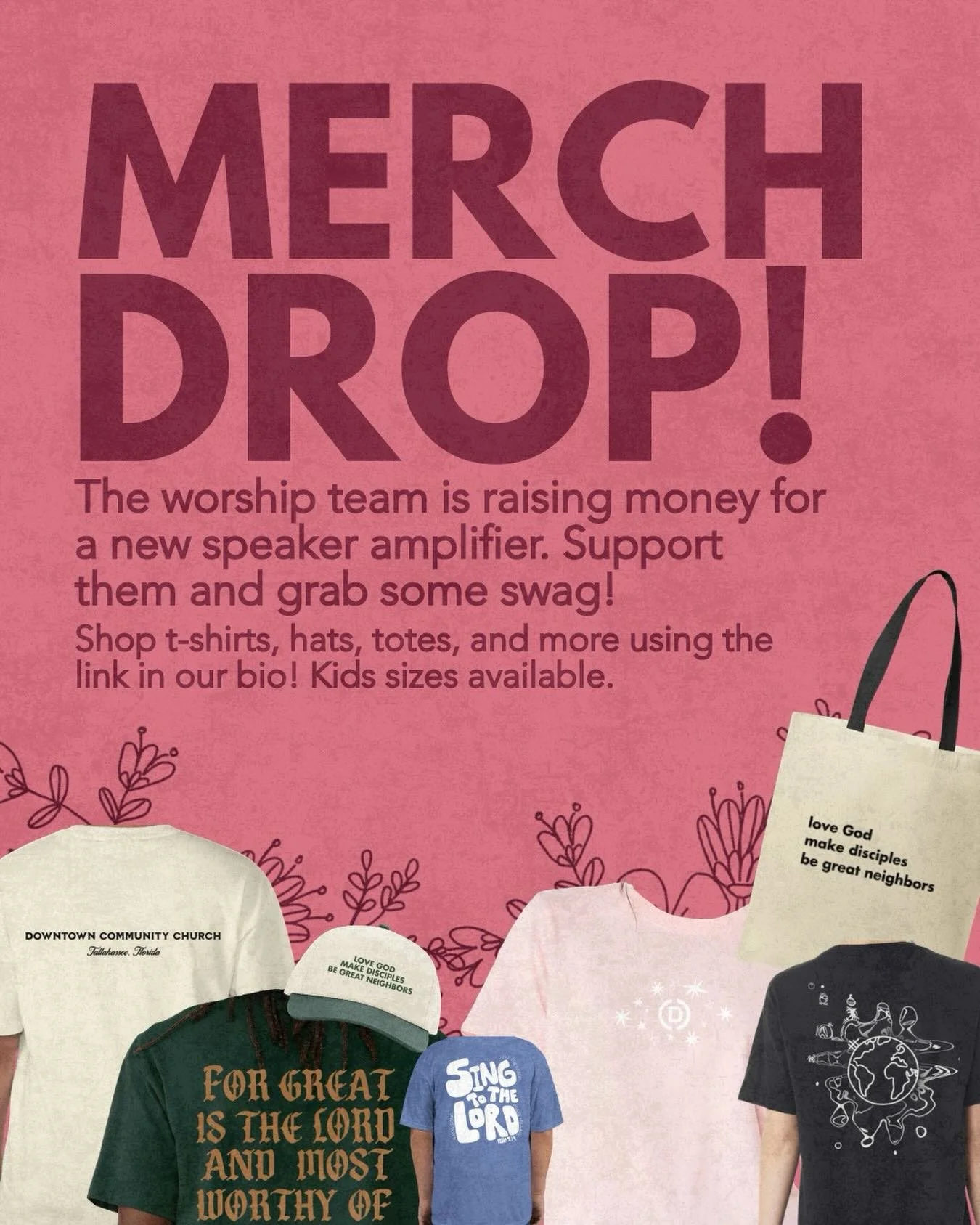 MERCH DROP‼️
The long awaited merch drop is here &amp; when you shop, you are helping our worship team raise money for a new speaker amplifier. Shop now using the link in our bio!!