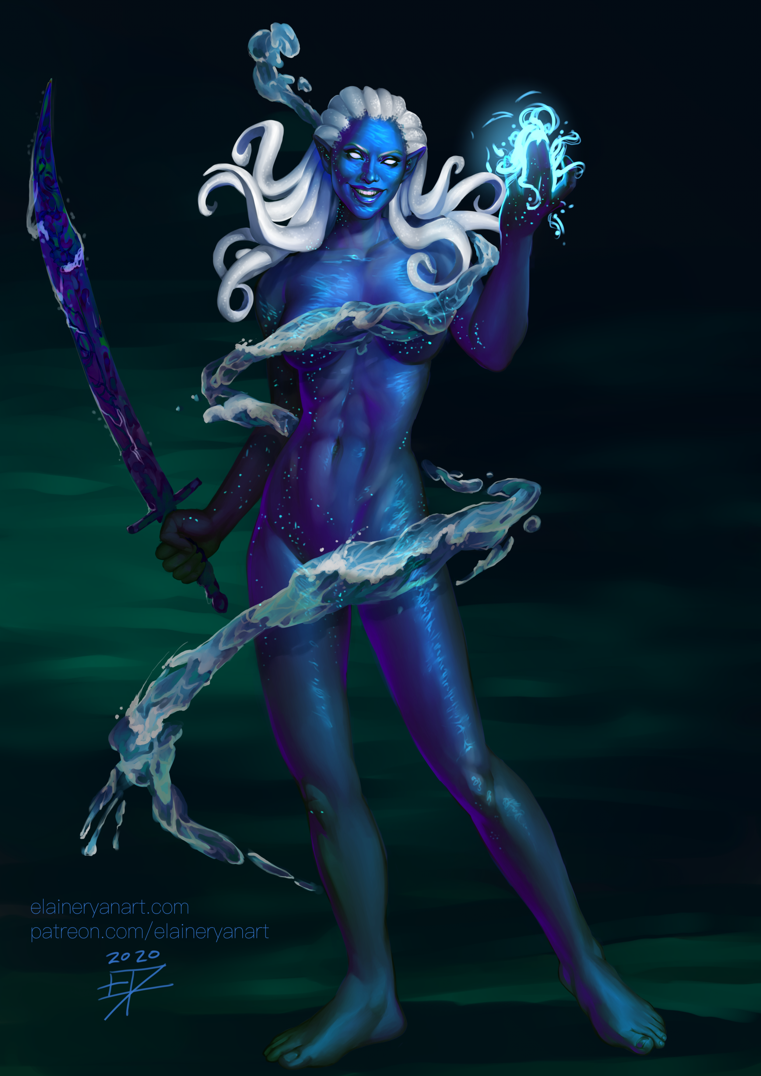 Fantasy artwork of a powerful blue-skinned, white-haired female elemental wielding a glowing weapon and surrounded by swirling water elements. Painted by Elaine Ryan Art