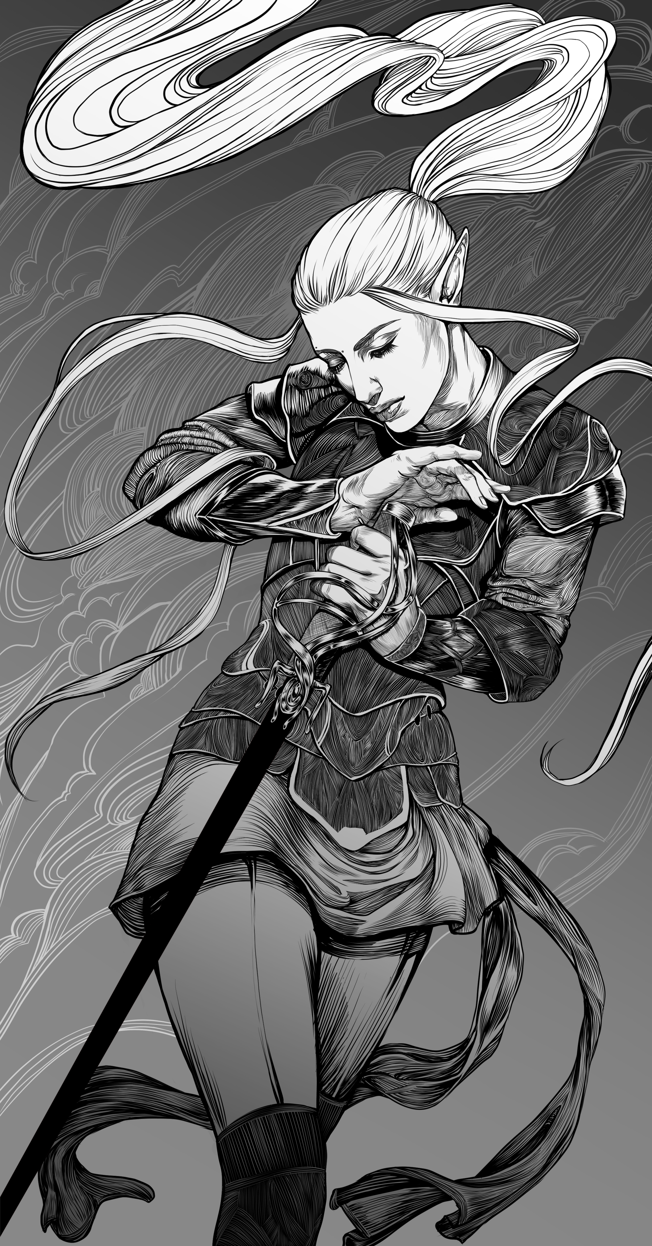 Black and white illustration of an elf warrior with long hair flowing, wielding a sword. The background features swirling clouds, highlighting a dynamic pose and detailed armor. Painted by Elaine Ryan Art