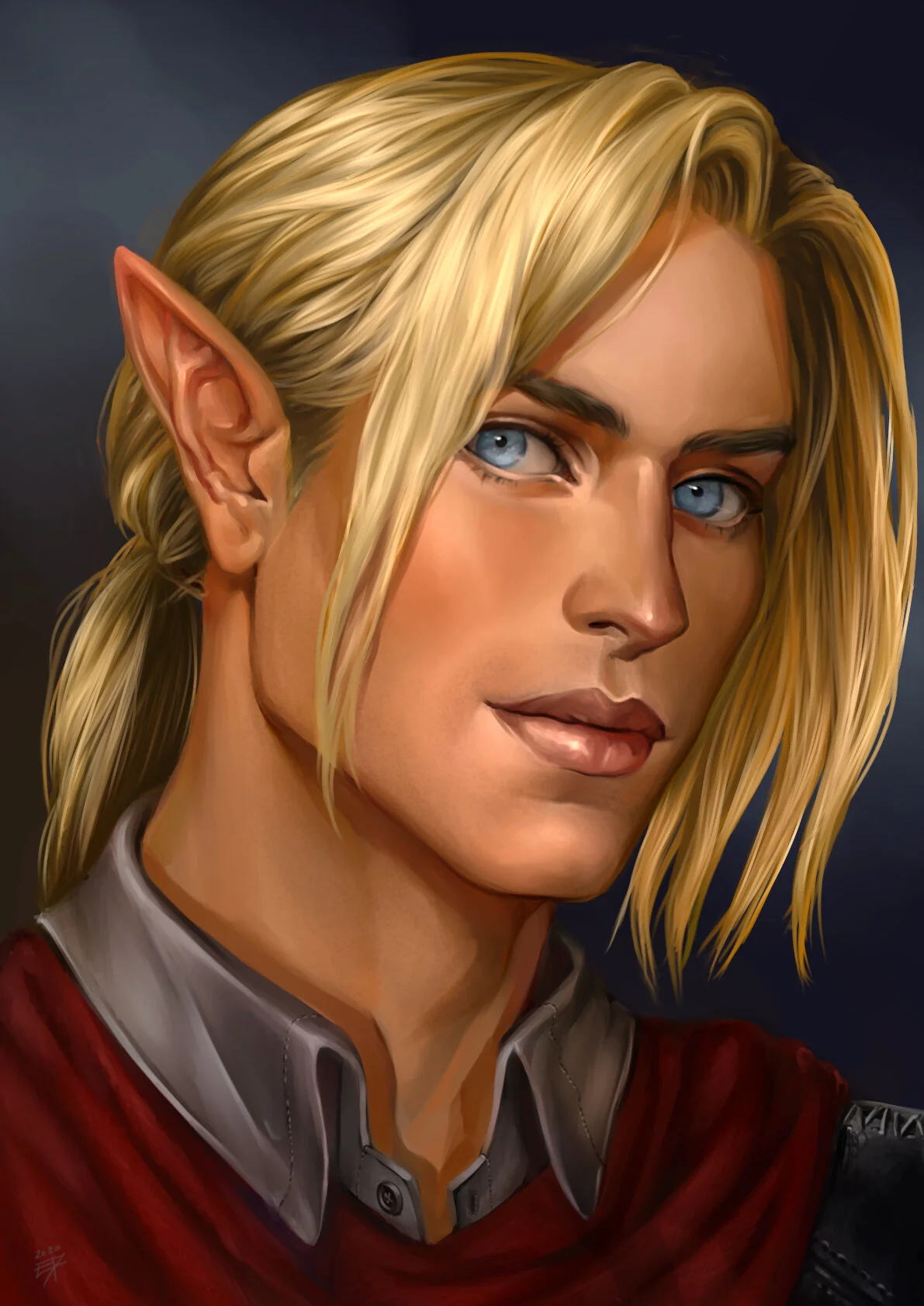 Fantasy elf character with blond hair and pointed ears, wearing a red and grey shirt. Painted by Elaine Ryan Art