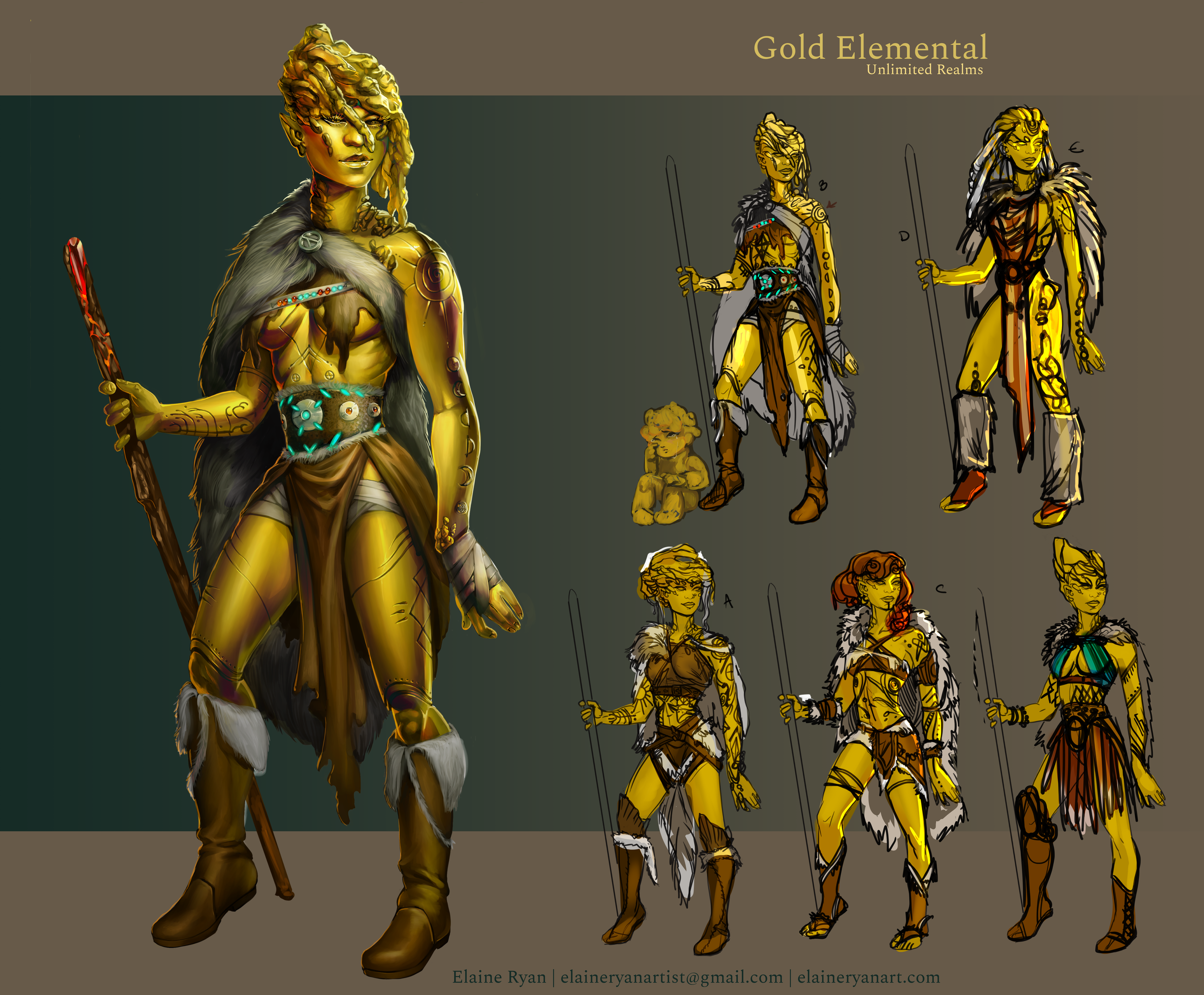 Concept art of a Gold Elemental character from 'Unlimited Realms' by Elaine Ryan. The image features multiple versions of a humanoid figure with a golden hue and tribal attire, including fur and metallic adornments. The figure holds a staff and displ